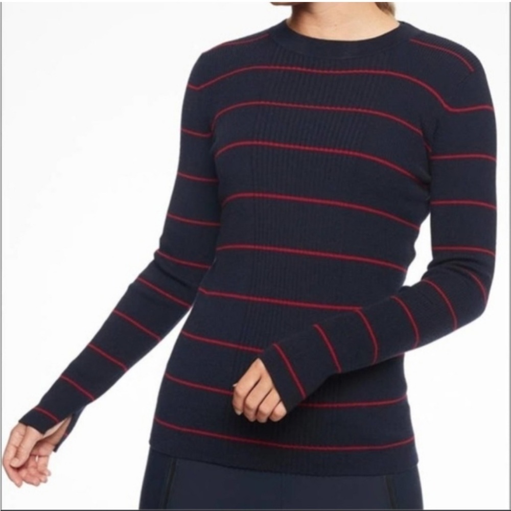 Athleta Navy and Red Striped Crew Neck Sweater like new